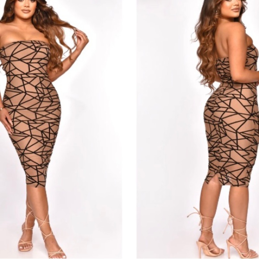 Tan And Black Strapless Dress
